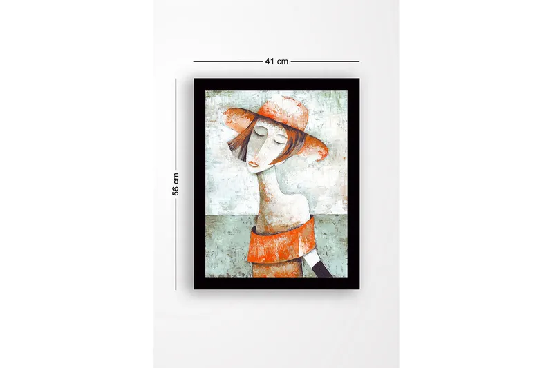 Inramad Canvastavla i trä - 41x56 cm - Porträtt av en kvinna med hatt och röd-orange klädsel - Grön / Röd-orange / Beige - Inredning & dekor - Tavlor & konst