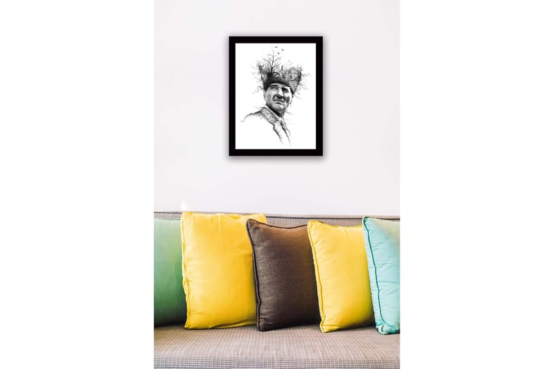 Inramad Canvastavla i trä - 41x56 cm - Porträtt av en man med en kreativ och naturinspirerad huvudbonad - Svart / Vitt - Inredning & dekor - Tavlor & konst