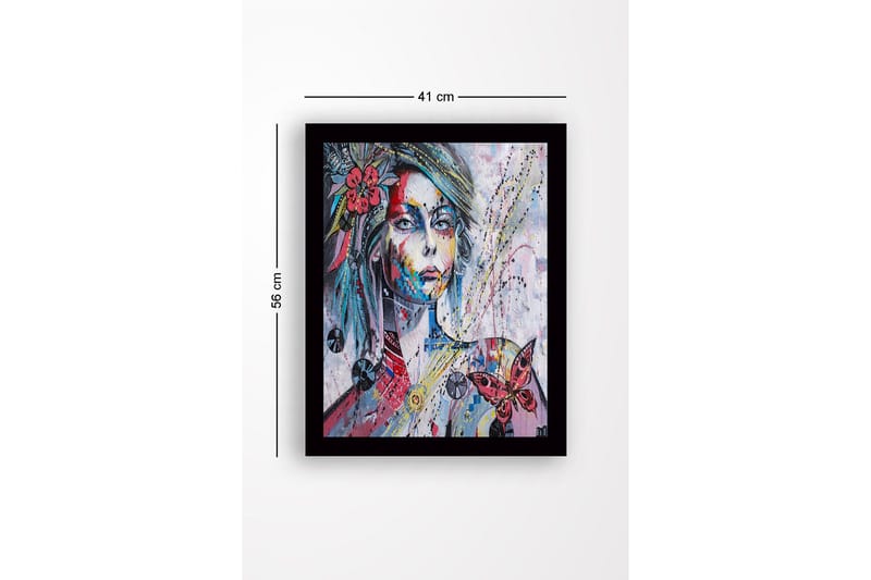 Inramad Canvastavla i trä - 41x56 cm - Porträtt av en kvinna med färgglada detaljer och en fjäril - Rosa / Blå / Gul - Inredning & dekor - Tavlor & konst