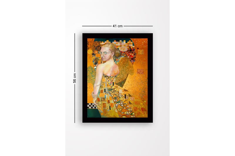 Inramad Canvastavla i trä - 41x56 cm - Porträtt av en kvinna med en gyllene klänning och detaljerade mönster - Guld / Beige / Grön - Inredning & dekor - Tavlor & konst