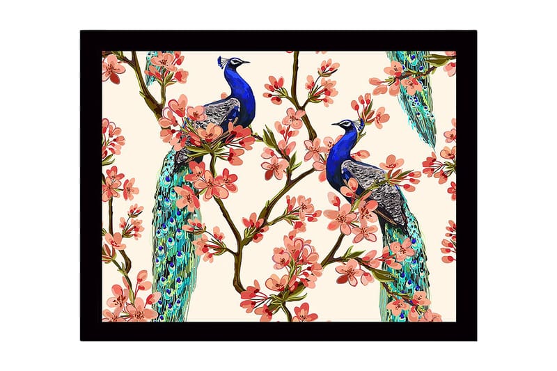 Inramad Canvastavla i trä - 41x56 cm - Påfåglar som sitter bland blommiga grenar, Blå / Rosa / Grön