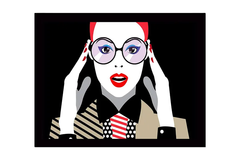 Inramad Canvastavla i trä - 41x56 cm - Porträtt av en kvinna med stora glasögon och röd läppstift - Röd / Svart / Vit - Inredning & dekor - Tavlor & konst