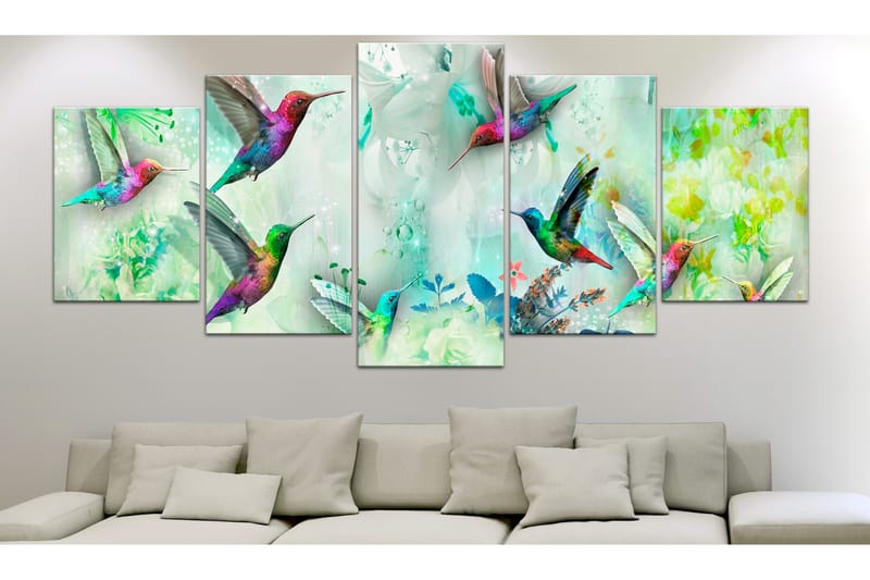Tavla Colourful Hummingbirds 5 Parts Wide Green 200x100 - Artgeist sp. z o. o. - Inredning & dekor - Tavlor & konst - Canvastavla