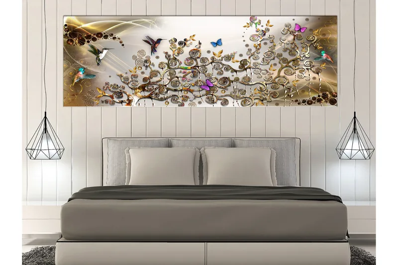 Tavla Hummingbirds Dance (1 Part) Gold Narrow 120x40, Artgeist sp. z o. o.