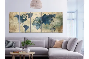 Tavla Retro Map 5 Parts Narrow 225x90 - Artgeist sp. z o. o. - Inredning & dekor - Tavlor & konst - Canvastavla