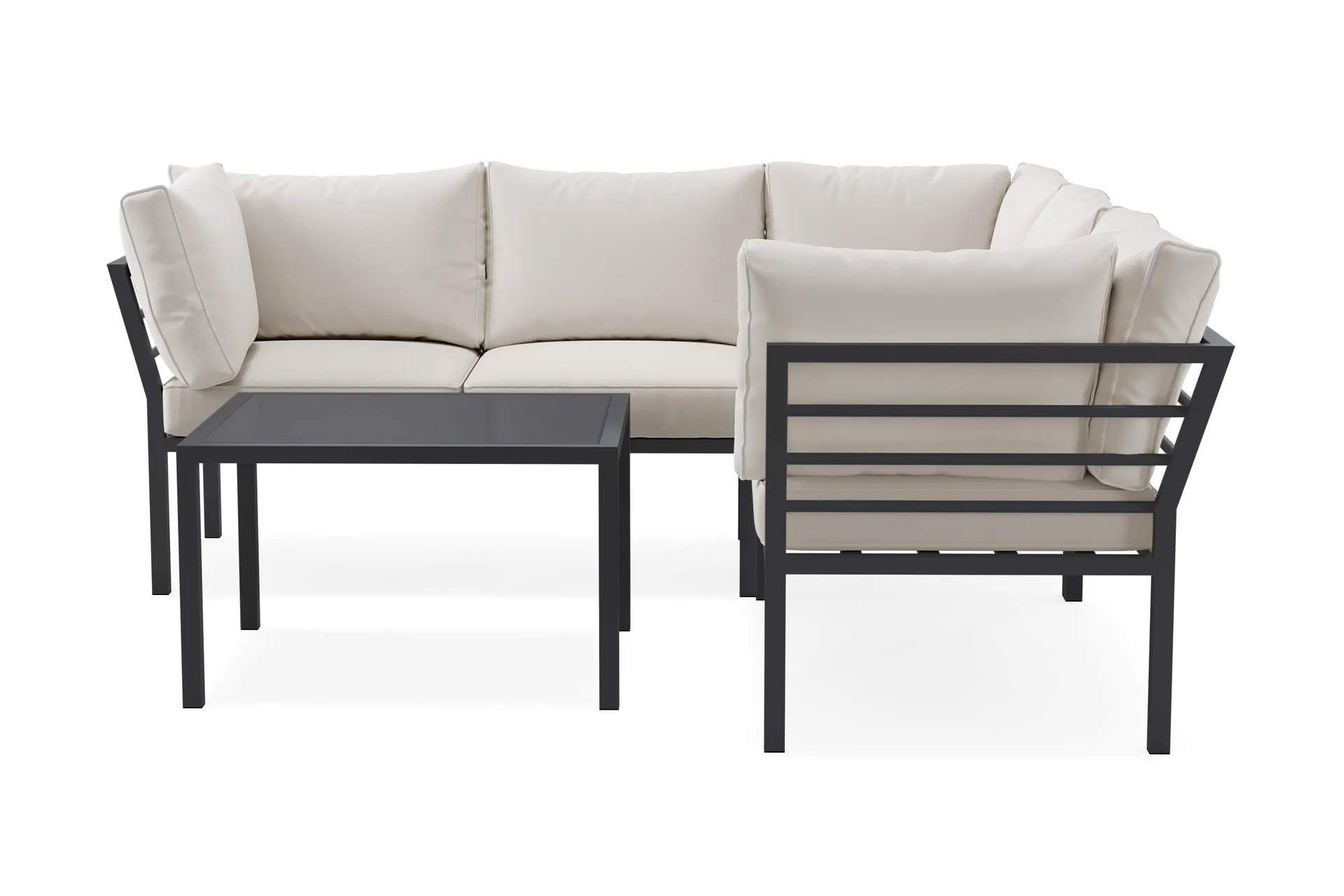 Ariany l-formad 5 sits h&ouml;rnsoffa utomhus med vita dynor rektangul&auml;rt bord i alumunium - Svart