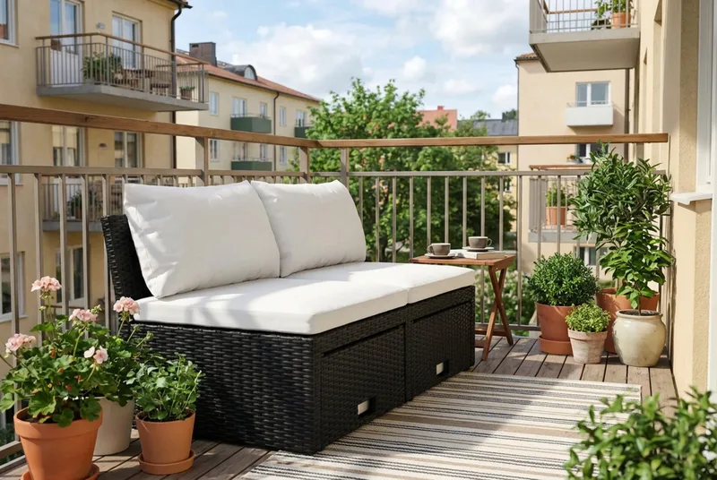 Bahamas Liten Balkongsoffa med dynor och pallar i konstrotting - Svart - Utemöbler - Utesoffor & bänkar - Loungesoffa