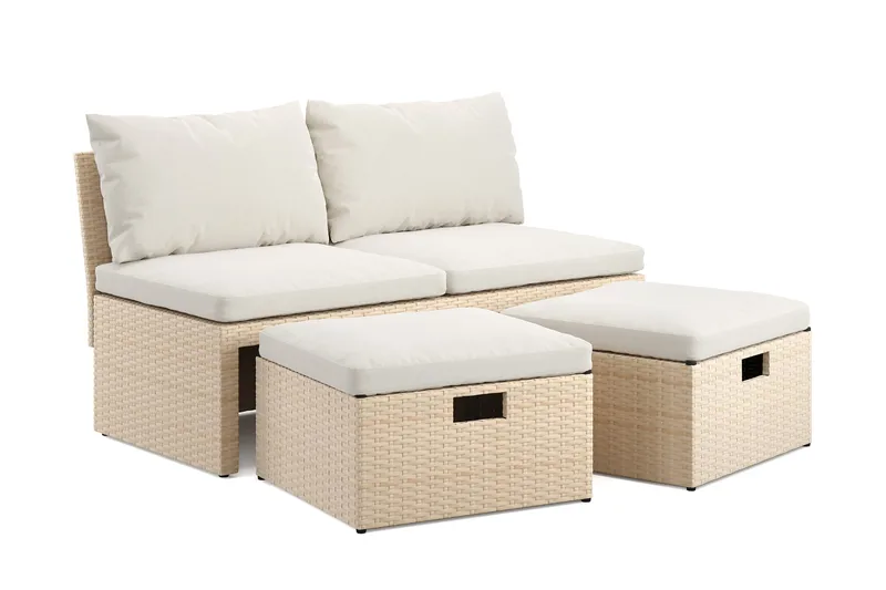 Bahamas Liten Balkongsoffa med dynor och pallar i konstrotting - Beige - Utemöbler - Utesoffor & bänkar - Loungesoffa