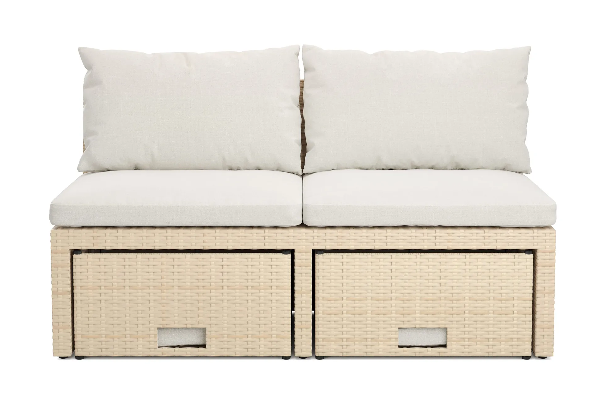 bahamas liten balkongsoffa med dynor och pallar i konstrotting - beige