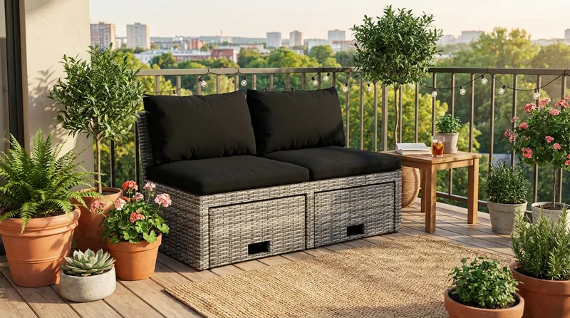 Bahamas Liten Balkongsoffa med dynor och pallar i konstrotting - Grå - Utemöbler - Utesoffor & bänkar - Loungesoffa