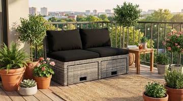 Bahamas Liten Balkongsoffa med dynor och pallar i konstrotting - Grå - Utemöbler - Utesoffor & bänkar - Loungesoffa
