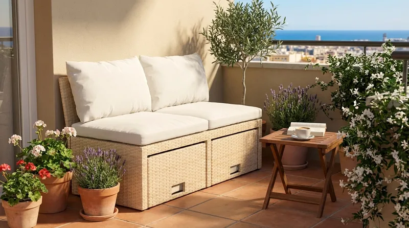 Bahamas Liten Balkongsoffa med dynor och pallar i konstrotting - Beige - Utemöbler - Utesoffor & bänkar - Loungesoffa