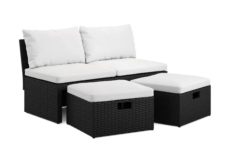 Bahamas Liten Balkongsoffa med dynor och pallar i konstrotting - Svart - Utemöbler - Utesoffor & bänkar - Loungesoffa