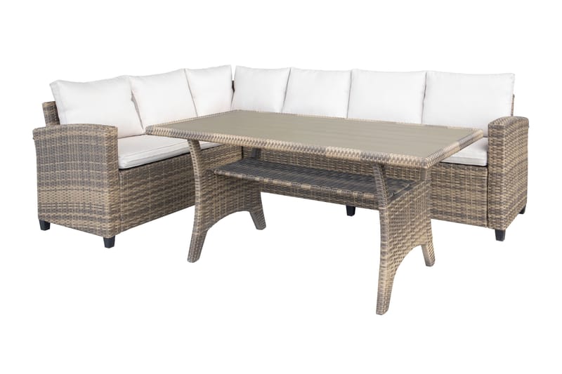 James Light Stor l-formad loungegrupp utomhus i konstrotting med förvaring och vita dynor, Brun / Beige