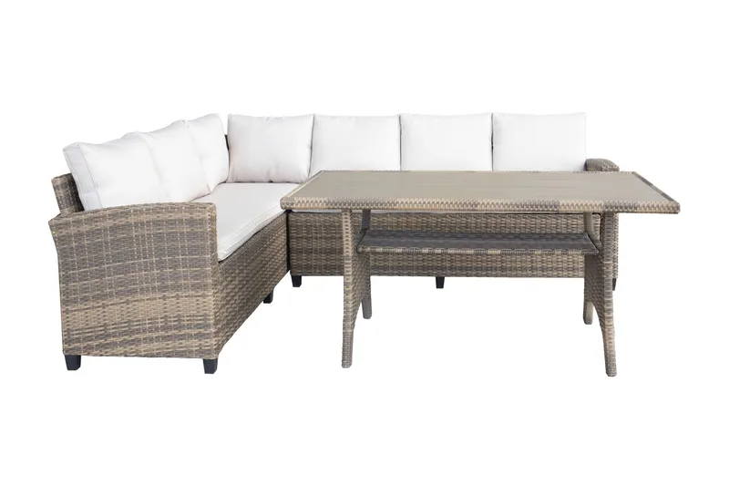 James Light Stor l-formad loungegrupp utomhus i konstrotting med förvaring och vita dynor - Brun / Beige - Utemöbler - Utegrupp - Loungegrupp