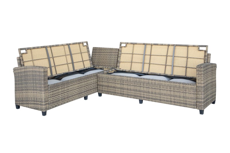 James Light Stor l-formad loungegrupp utomhus i konstrotting med förvaring och vita dynor - Brun / Beige - Utemöbler - Utegrupp - Loungegrupp