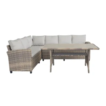 James Light Stor L-formad vändbar loungegrupp utomhus i konstrotting med förvaring och vita dynor - Brun / Beige - Utemöbler - Utegrupp - Loungegrupp