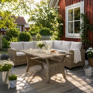 James Light Stor L-formad vändbar loungegrupp utomhus i konstrotting med förvaring och vita dynor - Brun / Beige - Utemöbler - Utegrupp - Loungegrupp