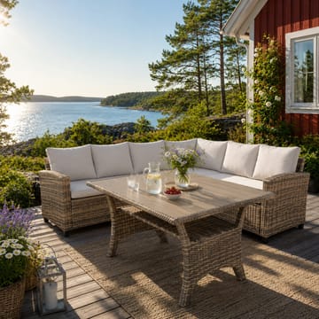 James Light Stor L-formad vändbar loungegrupp utomhus i konstrotting med förvaring och vita dynor - Brun / Beige - Utemöbler - Utegrupp - Loungegrupp