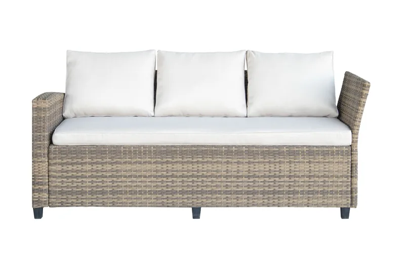 James Light Stor L-formad vändbar loungegrupp utomhus i konstrotting med förvaring och vita dynor - Brun / Beige - Utemöbler - Utegrupp - Loungegrupp