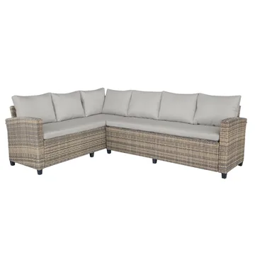James Light Stor L-formad vändbar loungegrupp utomhus i konstrotting med förvaring och vita dynor - Brun / Beige - Utemöbler - Utegrupp - Loungegrupp