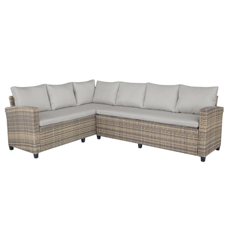 James Light Stor L-formad vändbar loungegrupp utomhus i konstrotting med förvaring och vita dynor - Brun / Beige - Utemöbler - Utegrupp - Loungegrupp