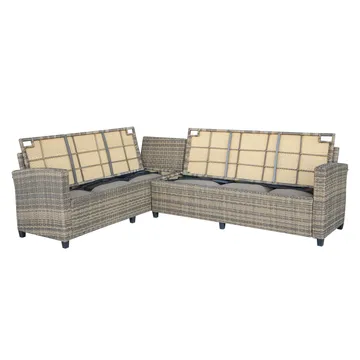 James Light Stor L-formad vändbar loungegrupp utomhus i konstrotting med förvaring och vita dynor - Brun / Beige - Utemöbler - Utegrupp - Loungegrupp