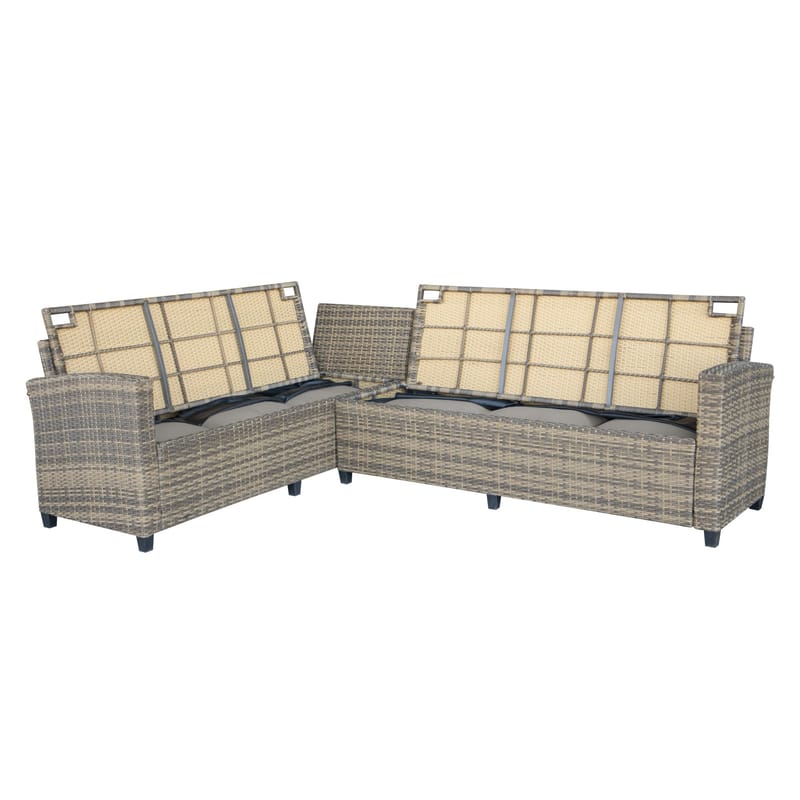 James Light Stor L-formad vändbar loungegrupp utomhus i konstrotting med förvaring och vita dynor - Brun / Beige - Utemöbler - Utegrupp - Loungegrupp