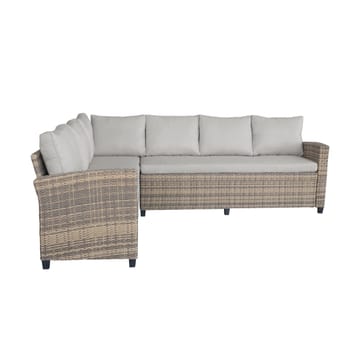 James Light Stor L-formad vändbar loungegrupp utomhus i konstrotting med förvaring och vita dynor - Brun / Beige - Utemöbler - Utegrupp - Loungegrupp