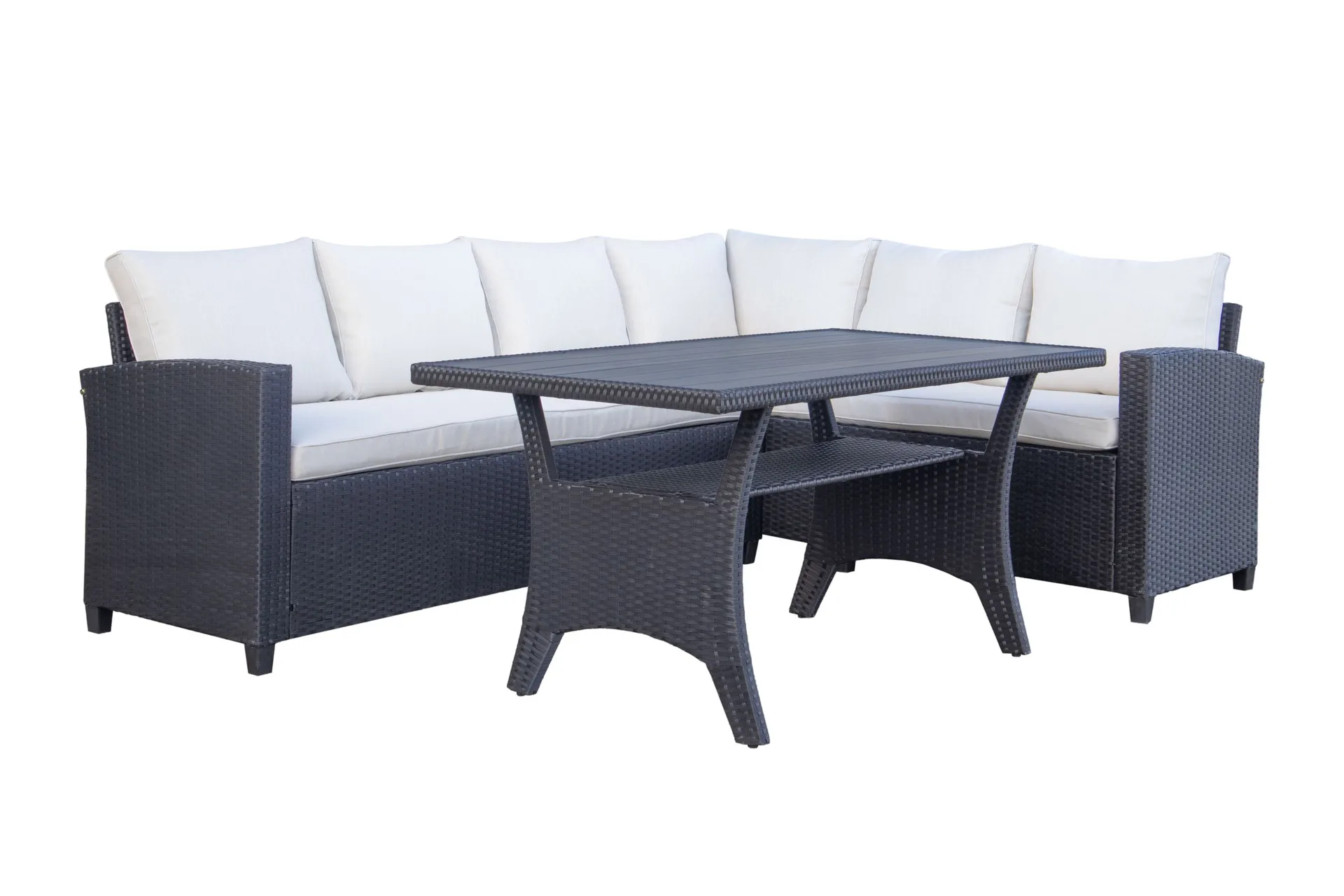 james light stor l-formad vändbar loungegrupp utomhus i konstrotting med förvaring och vita dynor - svart