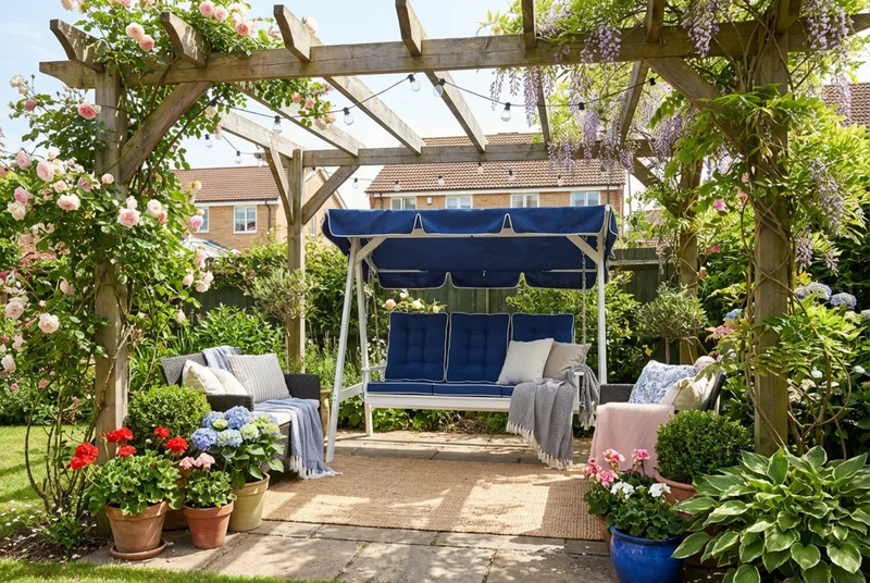 Landet Hammock Gungsoffa med tak i akacia trä inklusive dynor 195x125x159 - Blå / Vit - Utemöbler - Utesoffor & bänkar - Hammock - Hammockställning