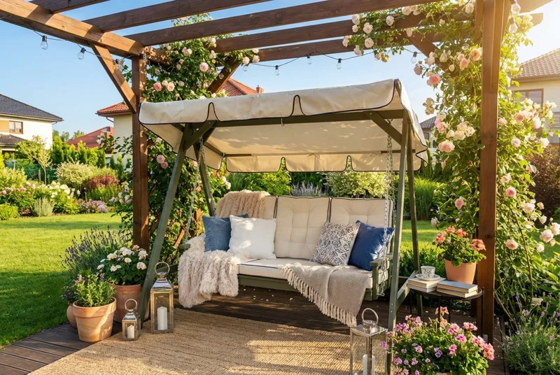 Landet Hammock utomhus gunga med tak 195x125x159 - Vit / Mörkgrön - Utemöbler - Utesoffor & bänkar - Hammock - Hammockställning