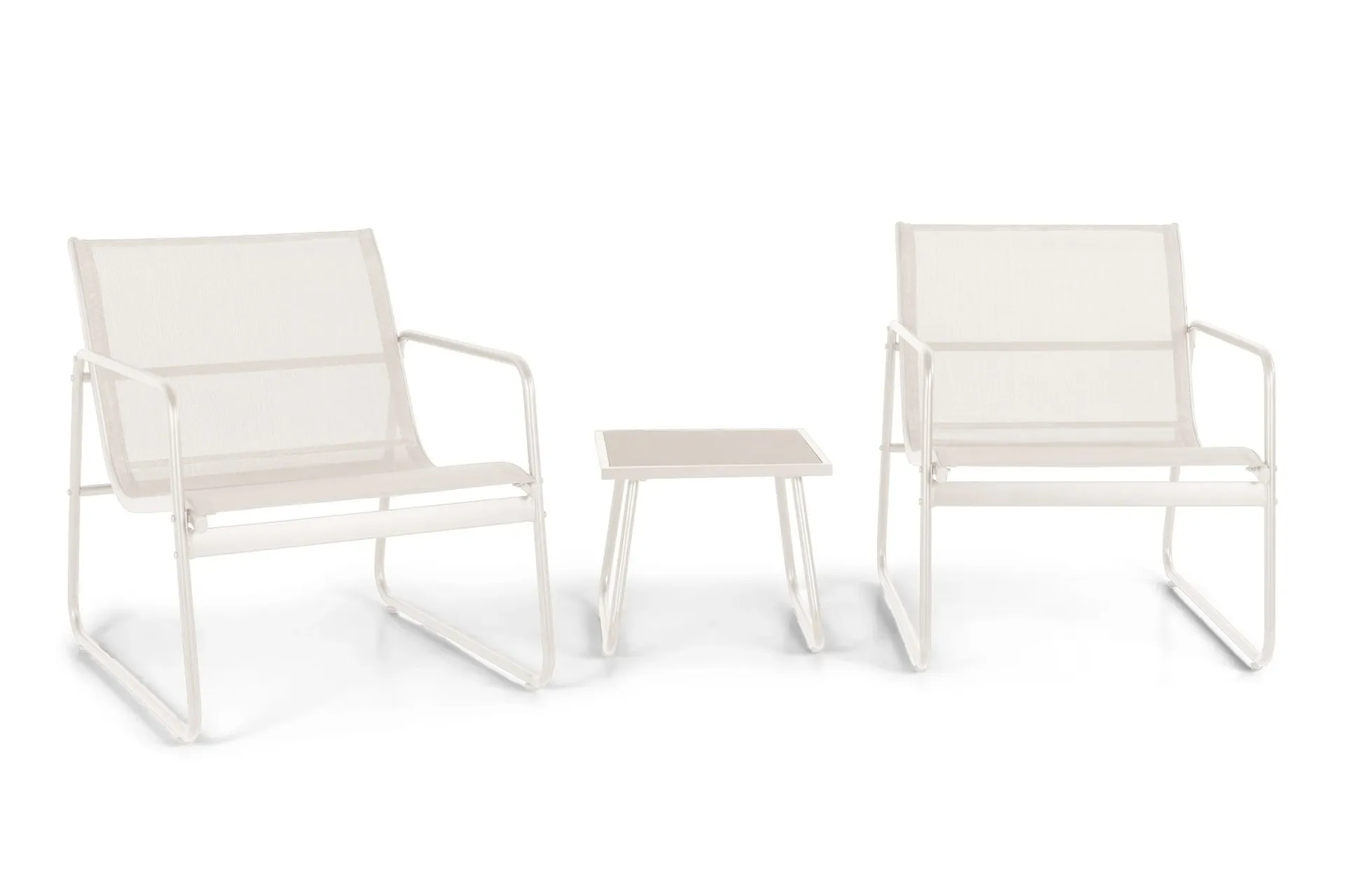 pelanda caféset utomhus - bord med frostad glasskiva och fåtöljer i stål - beige