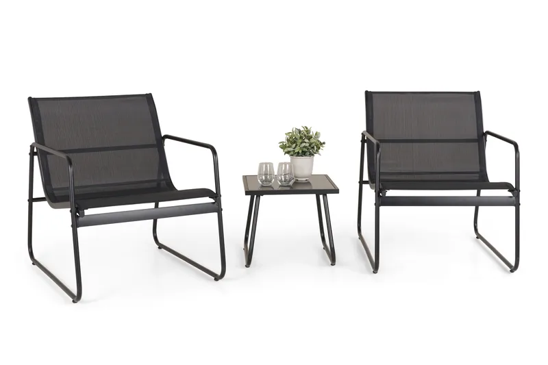 Pelanda Caféset Utomhus - Bord med frostad glasskiva och fåtöljer i stål - Svart - Utemöbler - Utegrupp - Loungegrupp