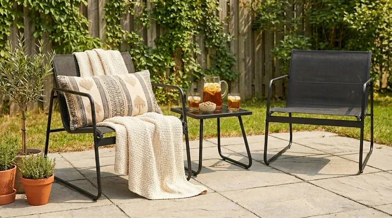 Pelanda Caféset Utomhus - Bord med frostad glasskiva och fåtöljer i stål - Svart - Utemöbler - Utegrupp - Loungegrupp