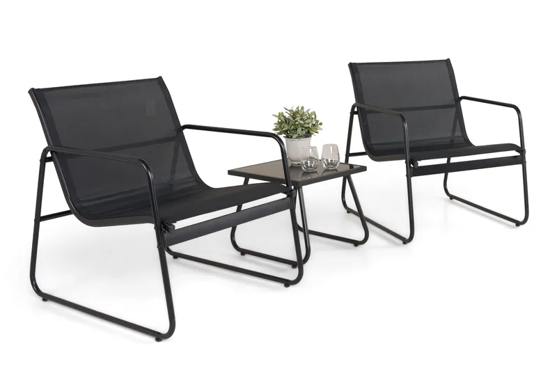 Pelanda Caféset Utomhus - Bord med frostad glasskiva och fåtöljer i stål - Svart - Utemöbler - Utegrupp - Loungegrupp