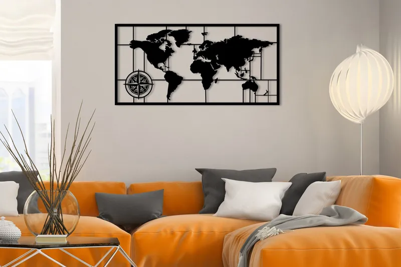 World Map Metal Decor 7 Väggdekor, Svart