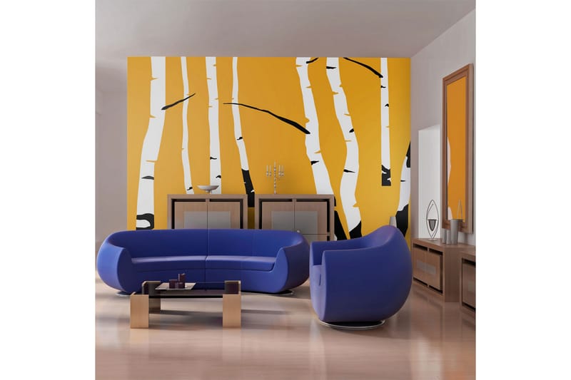 FOTOTAPET Birches On The Orange Background 350x270, Artgeist sp. z o. o.