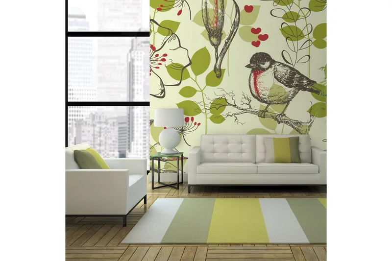 Fototapet Fågel Och Liljor Vintage Mönster 200x154 - Artgeist sp. z o. o. - Inredning & dekor - Väggdekor - Tapeter & tapettillbehör - Fototapeter