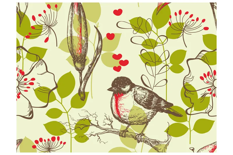 Fototapet Fågel Och Liljor Vintage Mönster 350x270, Artgeist sp. z o. o.