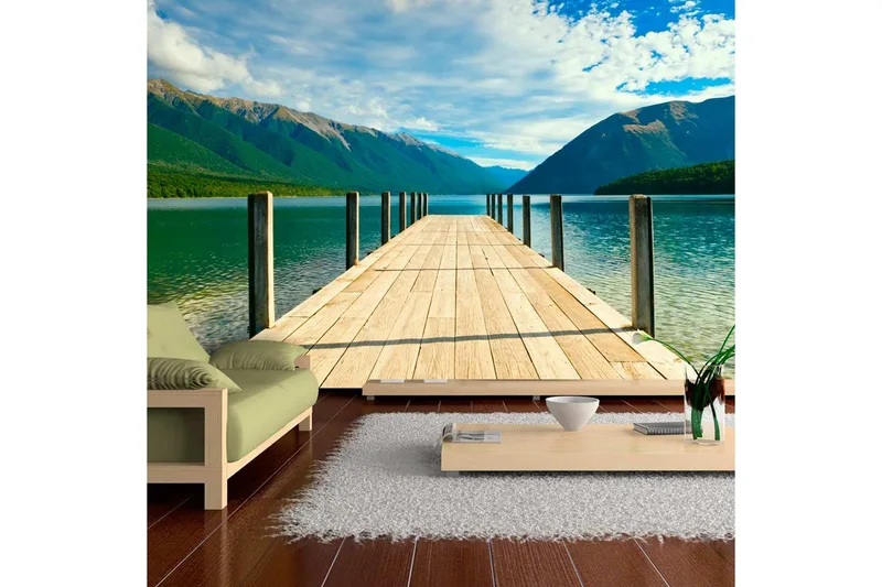 Fototapet Mountain Lake Bridge 450x270 - Artgeist sp. z o. o. - Inredning & dekor - Väggdekor - Tapeter & tapettillbehör - Fototapeter