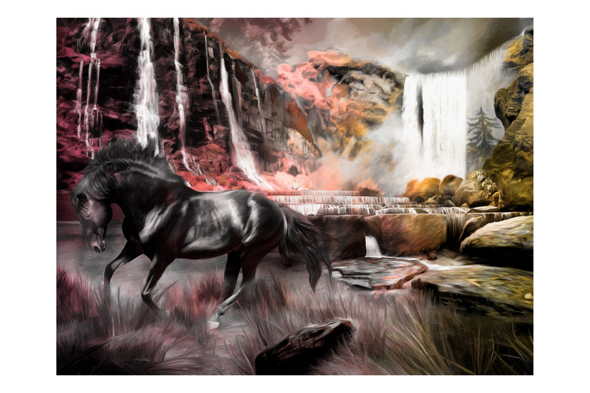 FOTOTAPET Svart Häst Med Ett Vattenfall 250x193 - Artgeist sp. z o. o. - Inredning & dekor - Väggdekor - Tapeter & tapettillbehör - Fototapeter