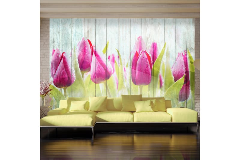 FOTOTAPET Tulips On White Wood 100x70 - Artgeist sp. z o. o. - Fototapeter