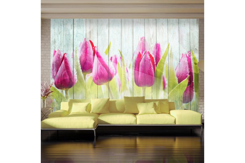 FOTOTAPET Tulips On White Wood 250x175, Artgeist sp. z o. o.