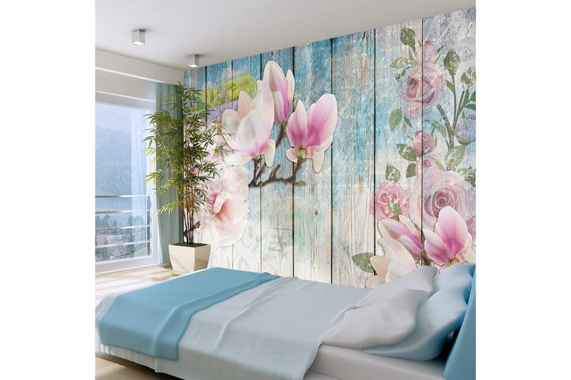 FOTOTAPET Pink Flowers On Wood 250x175, Artgeist sp. z o. o.