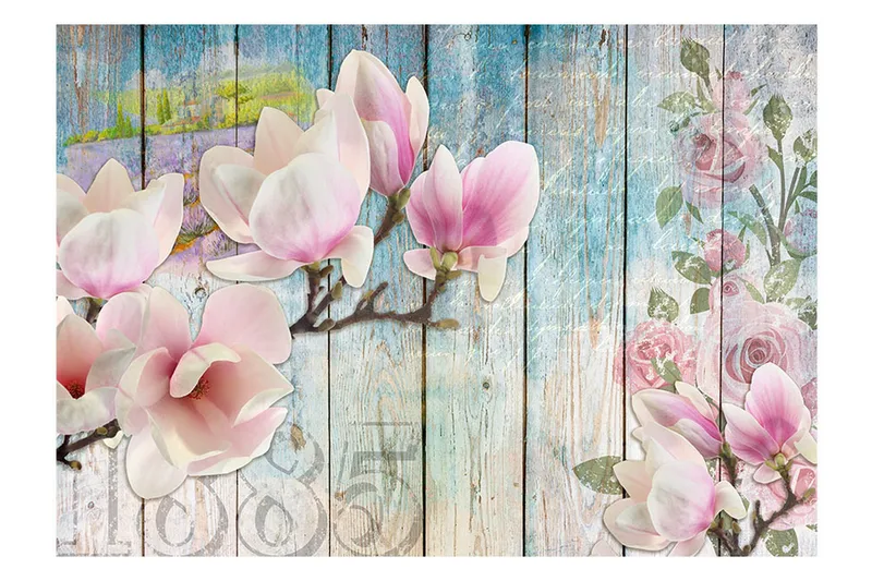 Fototapet Pink Flowers On Wood 350x245 - Artgeist sp. z o. o. - Inredning & dekor - Väggdekor - Tapeter & tapettillbehör - Fototapeter