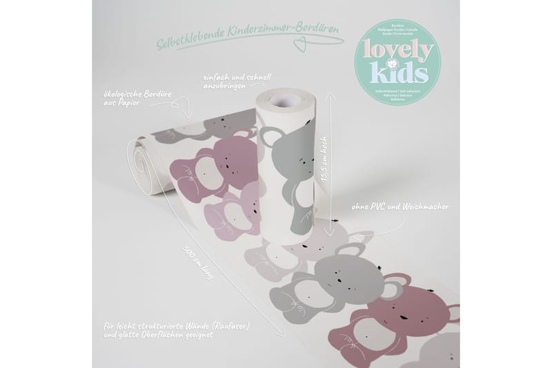 Självhäftande border Cute Bears Rosa Grå Vit - AS Creation - Inredning & dekor - Väggdekor - Tapeter & tapettillbehör - Tapetbård