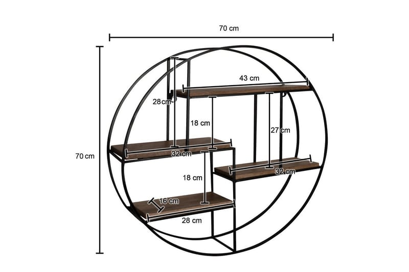 Vägghylla Wohnling Runt massivt trä metallram väggmonterad industriell - Förvaring - Köksförvaring - Kökshylla
