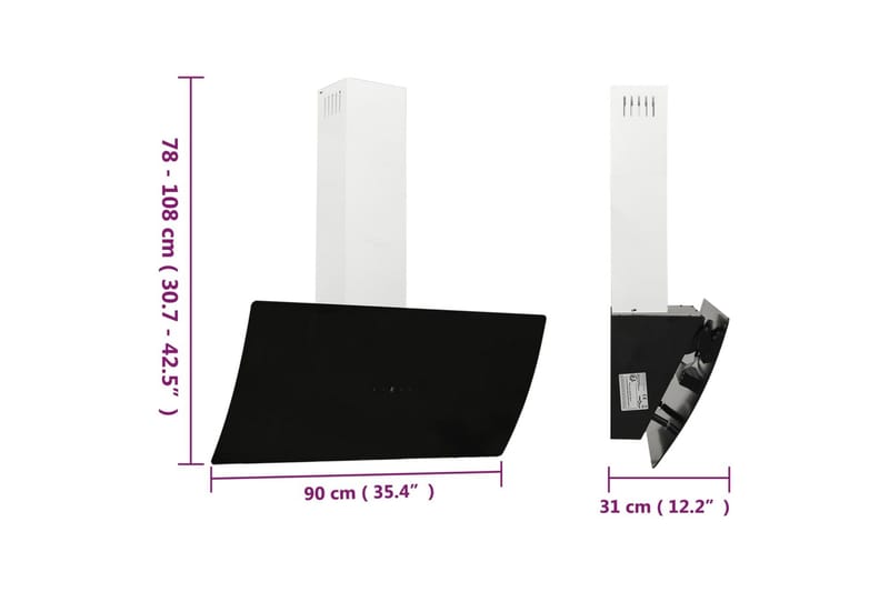 Köksfläkt 90 cm stål och härdat glas svart - Svart - Vägghängd köksfläkt