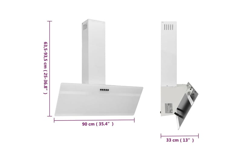Köksfläkt 90 cm stål och härdat glas vit - Vit - Kök & hushåll - Hushållsmaskiner & vitvaror - Köksfläkt & spisfläkt - Vägghängd köksfläkt